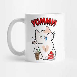 Cute white cat is having coffee and cake Mug